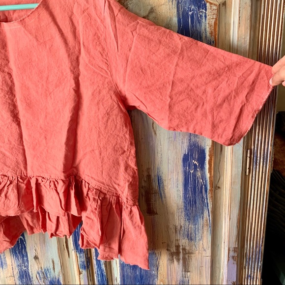 LenokLINEN Loose Ruffle Linen Blouse Coral S - Picture 7 of 11